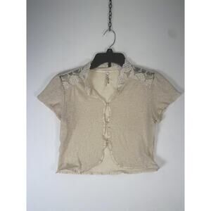 Cardigan Sweater Womens Large White Lace Short Sleeve Open Knit Ruffle Collar